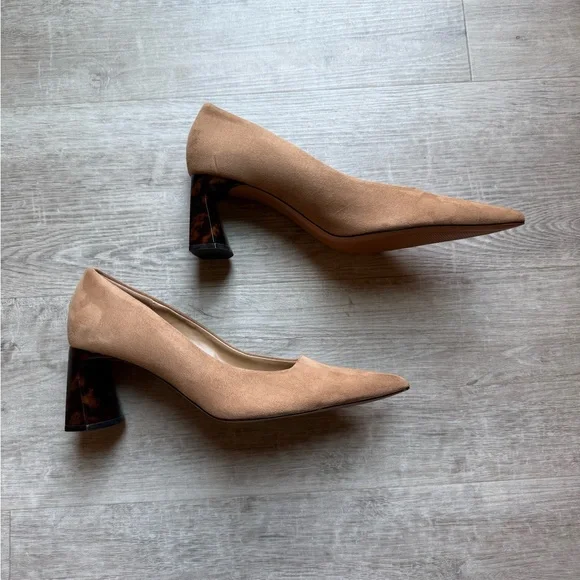Zara Pointed Toe Faux Suede Tortoise Block Heel Pumps Size 39 (8.5) - Picture 3 of 10
